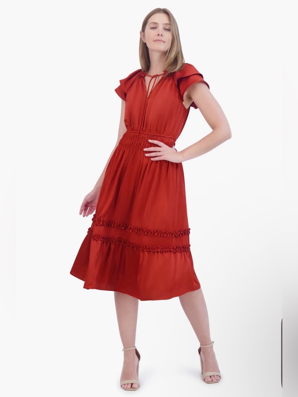 Tiered Ruffle Sleeve Tie Neck Midi Dress - Picture 1 of 8